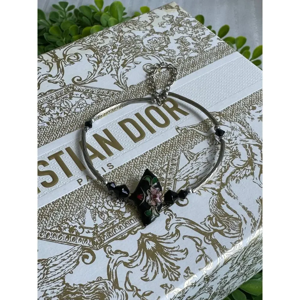 BOGO FREE VTG cloisonné BLACK FAN ADJUSTABLE BRACELET
